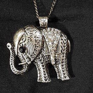 Elephant Pendant Pewter Silver-tone 26" Chain Rhinestones